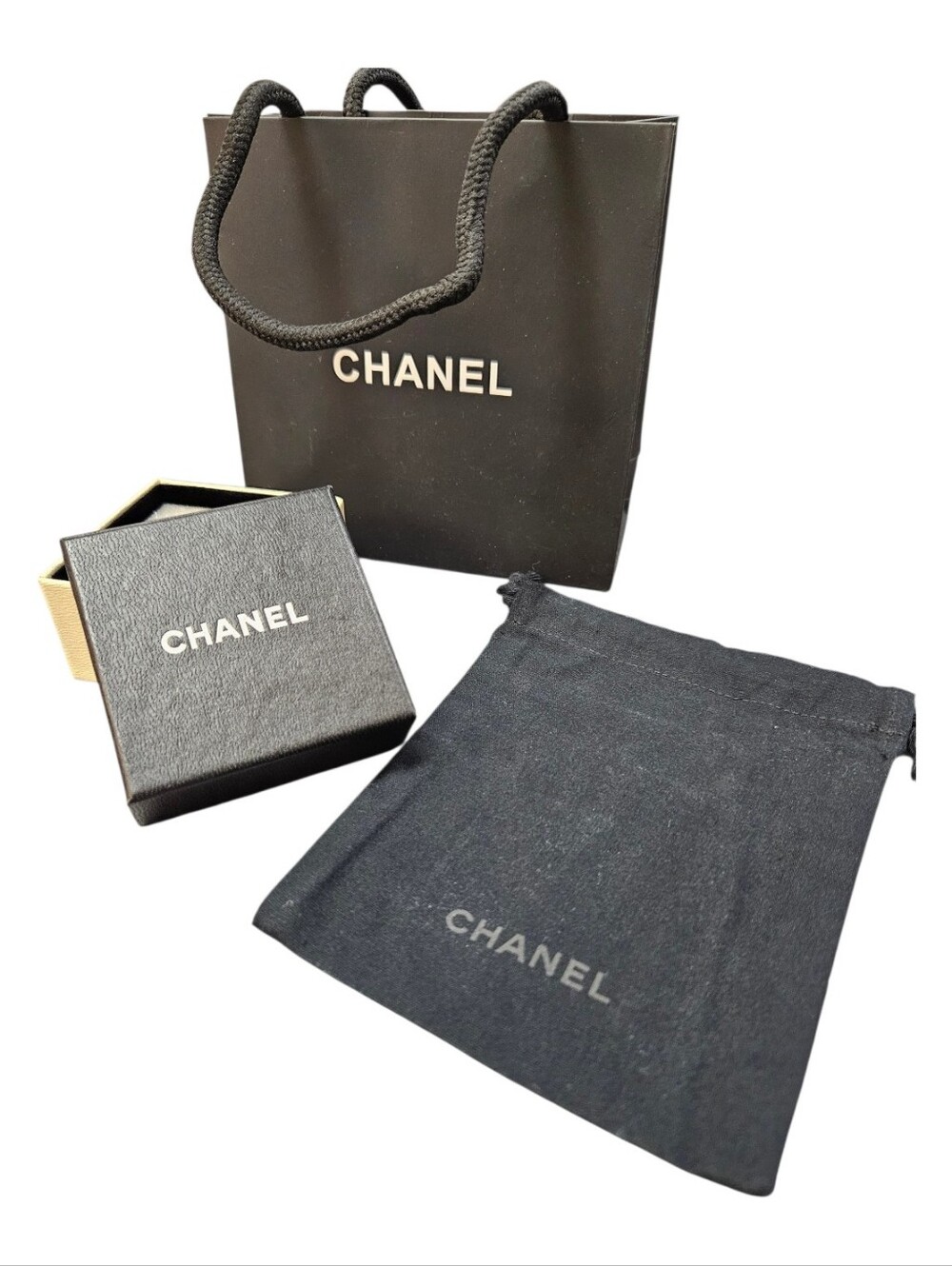 CHANEL Black Logo Gift Bag, Box & Dust Pouch Set Small Accessories Appropriate